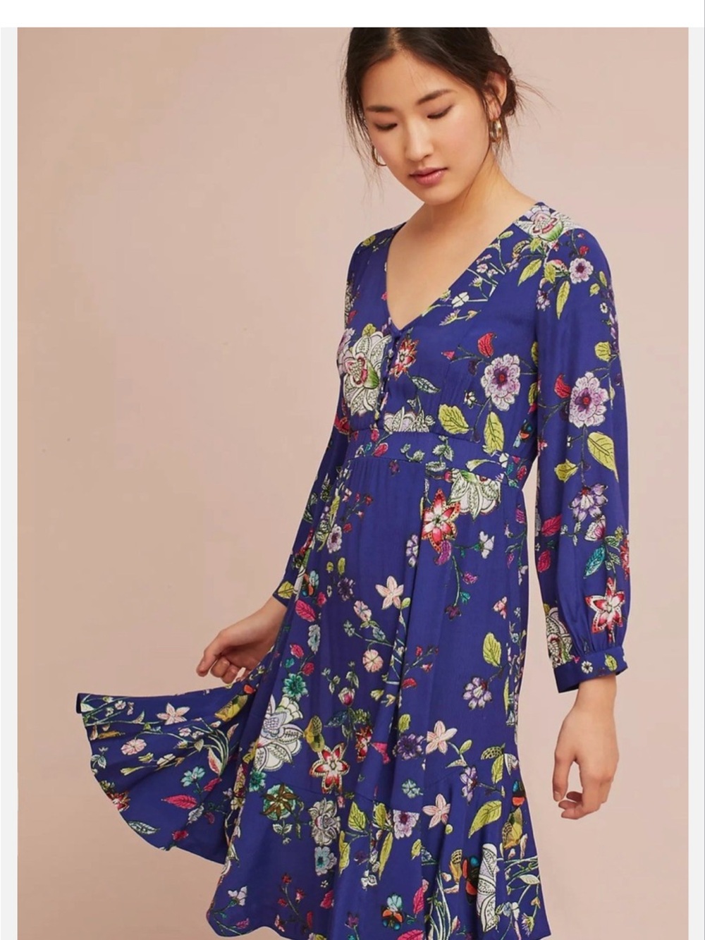 Anthropologie Blue Floral V-Neck Long-Sleeve Dress
